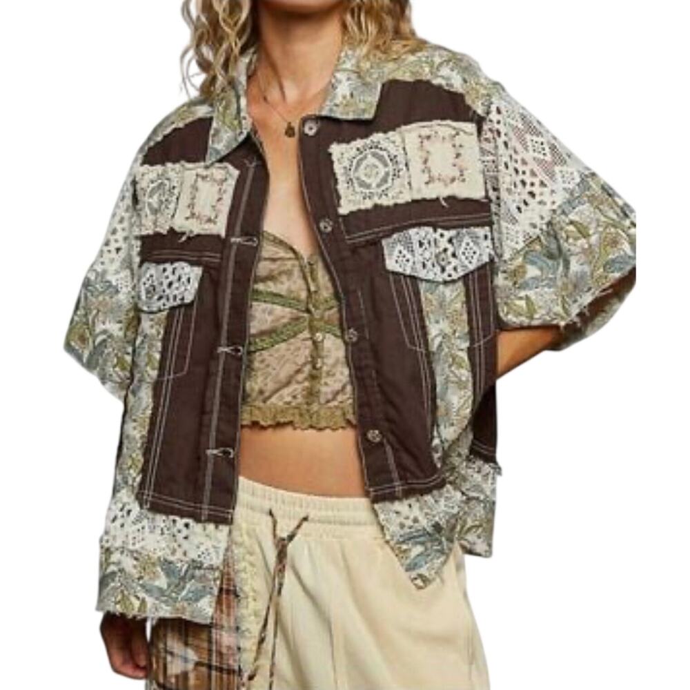 POL Women’s Boho Brown Patchwork Floral Lace Button Up Overshirt